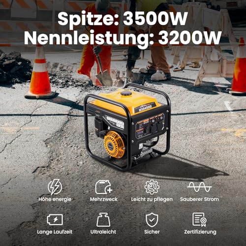 maXpeedingrods 3500W Leise Inverter Stromgenerator,Benzin Strom 4-Takt Motor Notstromaggregat for Hausversorgung Garage Werkstatt Baustelle,2x 230V 1x DC 12V Steckdose,LED-Anzeige - 3