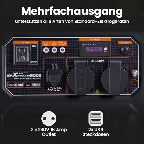 maXpeedingrods 3500W Leise Inverter Stromgenerator,Benzin Strom 4-Takt Motor Notstromaggregat for Hausversorgung Garage Werkstatt Baustelle,2x 230V 1x DC 12V Steckdose,LED-Anzeige - 8
