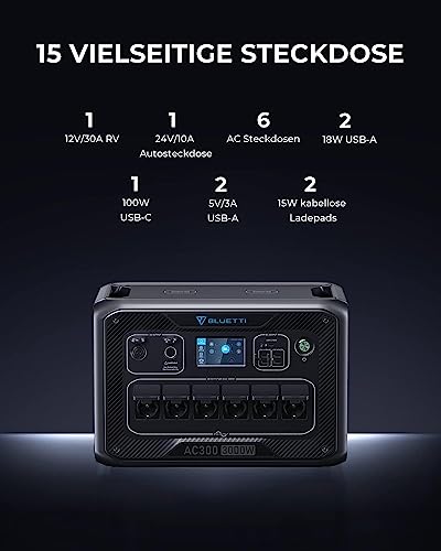 BLUETTI Solar Generator AC300 & B300 Zusatzbatterie, mit PV350 Solarmodulen, 3072Wh Kraftwerk mit 6 3000W AC Ausgängen(6000W Peak), LiFePO4 Batterie-Backup für den Heimgebrauch, Stromausfall - 3