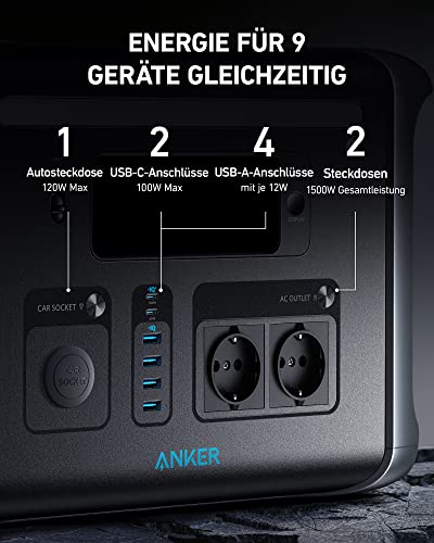 Anker 757 Power Station, tragbare Powerhouse 1229Wh, LiFePO4 Akku, Aufladen von 0-80% in 1 Std. 1500W Mobile Stromversorgung, 2 USB-C Anschlüsse 100W Max, LED-Licht für Camping, Wohnmobile, Ausfälle - 7